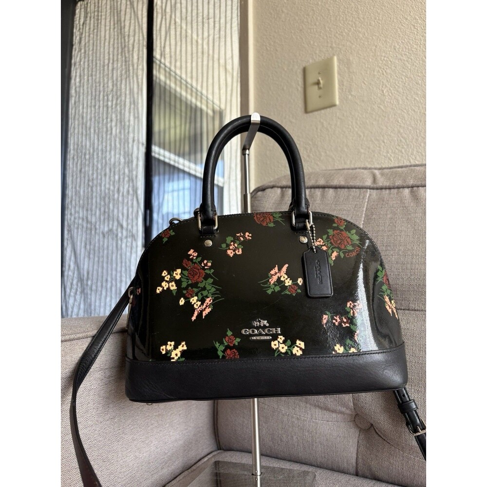 Coach Sierra Dome Satchel Black Floral Patent Leather Crossbody Bag EUC